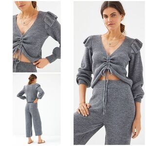 NWT Anthropologie Daily Practice Ruffled Knit Ruched V Neckline Gray Sweater L